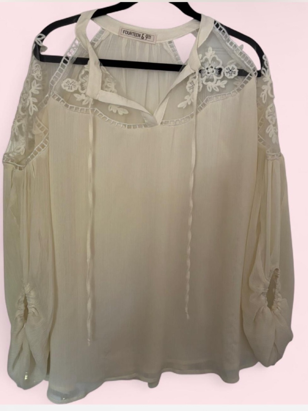 Women's Cream Cold-Shoulder Blouse with Lace Yoke and Tie Neck